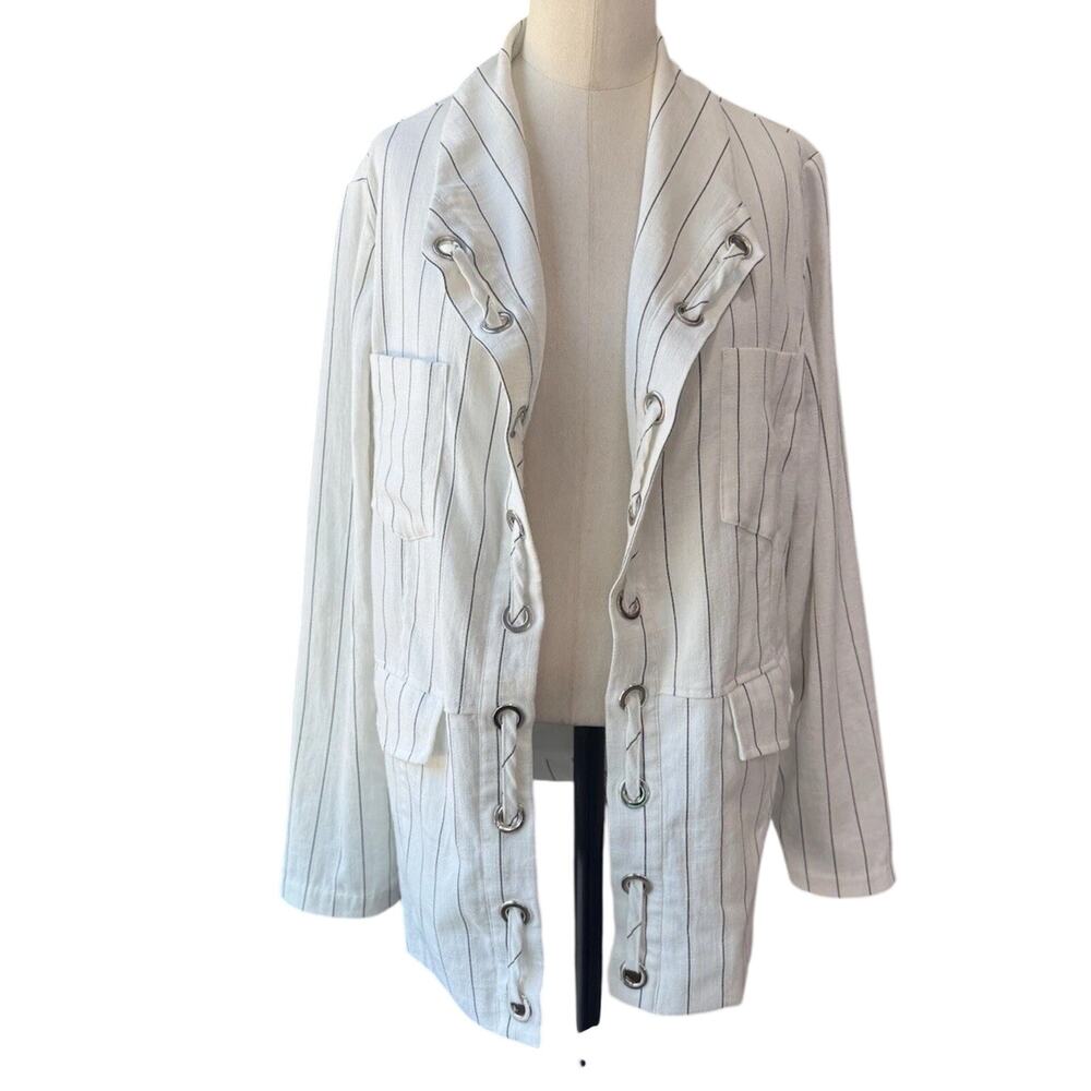 Chicos Size 2 L Cream Black Pinstripe Laced Grommet Open Front Jacket Pockets